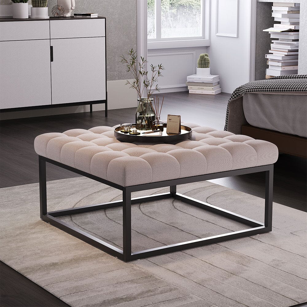 Large Square Ottoman Bench Linen Fabric with Tufted Detail &amp; Metal Frame Living and Home 