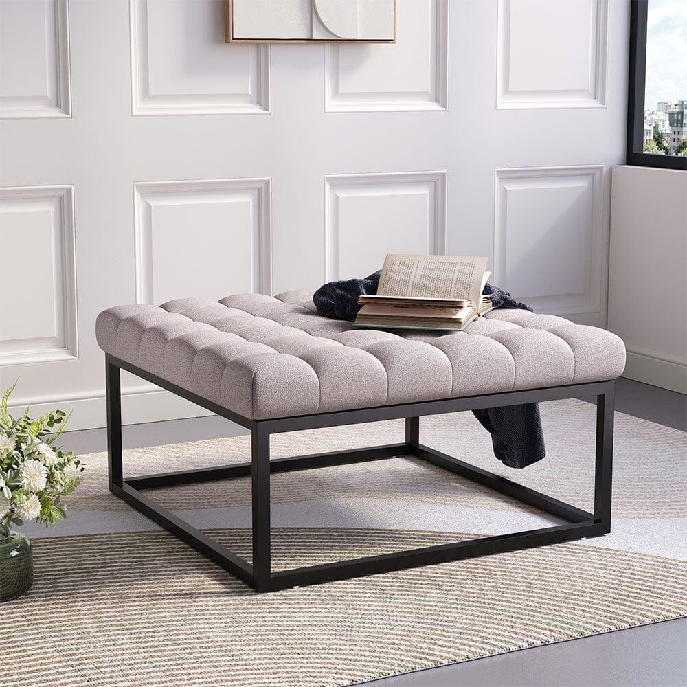 Large Square Ottoman Bench Linen Fabric with Tufted Detail &amp; Metal Frame Living and Home Beige 