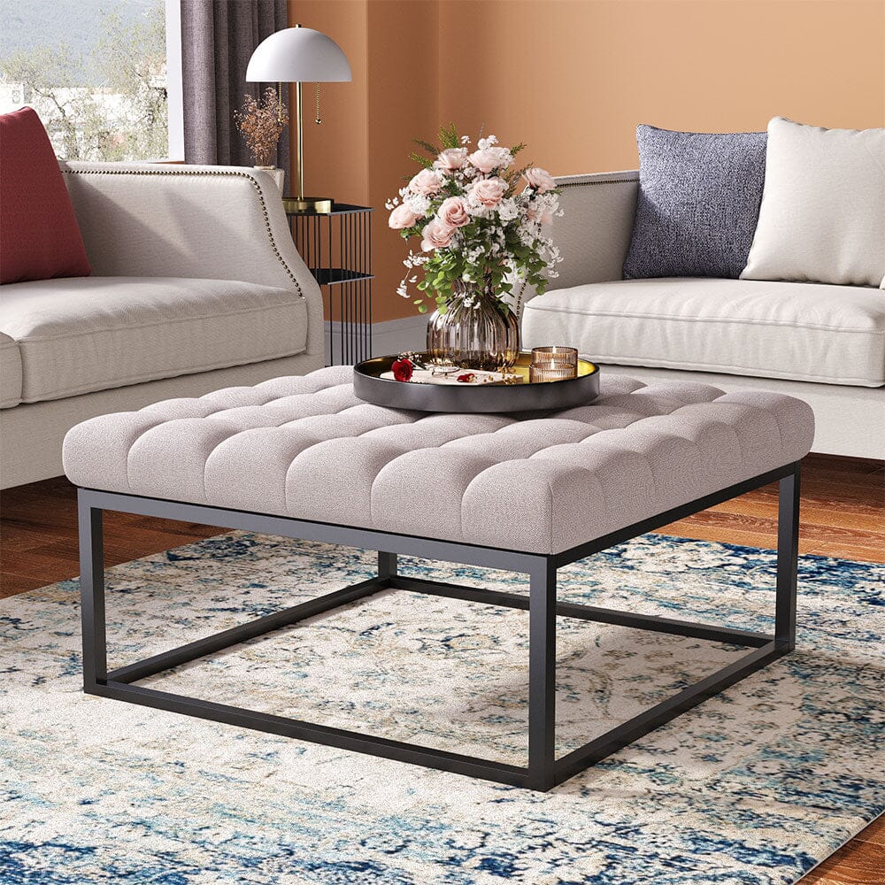 Large Square Ottoman Bench Linen Fabric with Tufted Detail &amp; Metal Frame Living and Home 