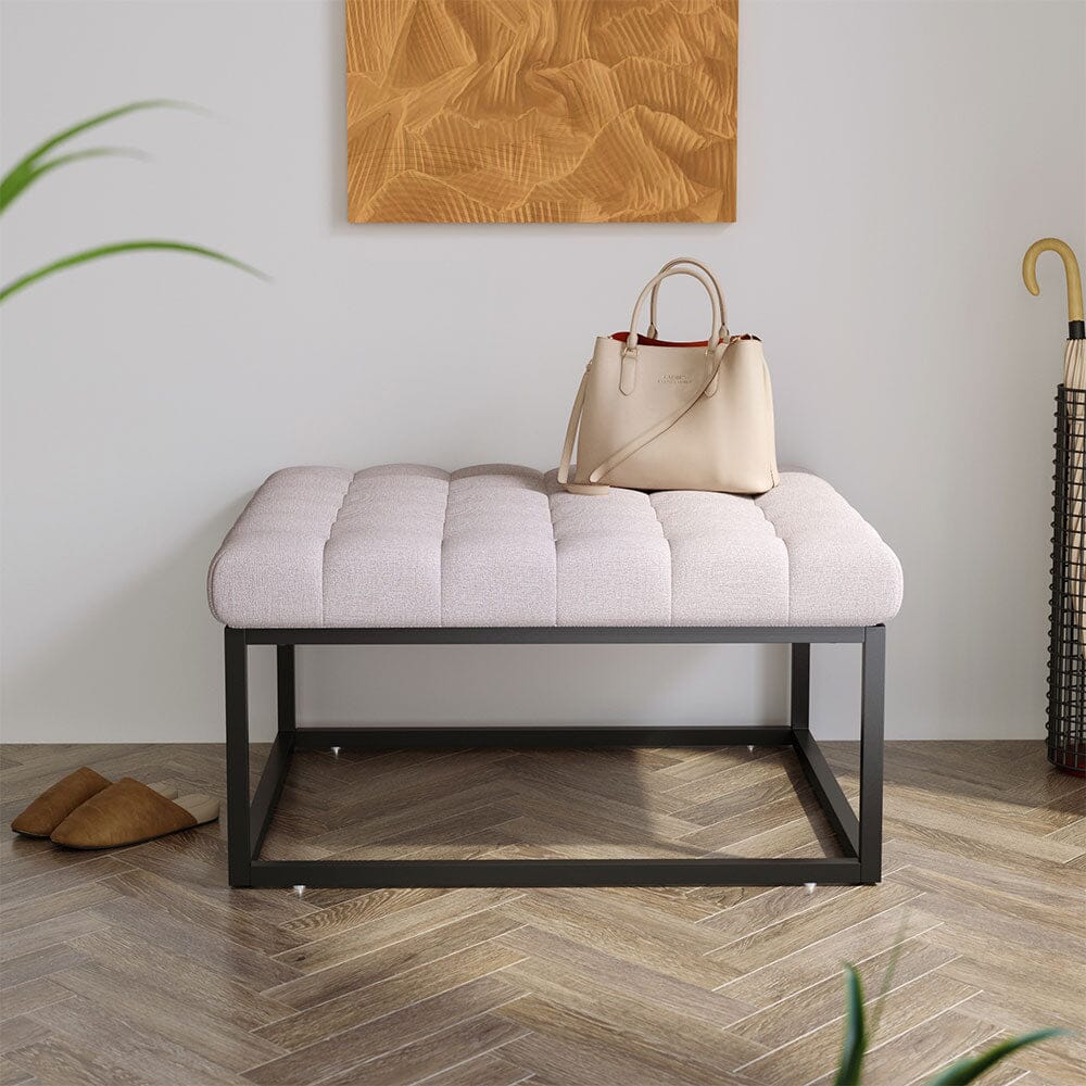 Large Square Ottoman Bench Linen Fabric with Tufted Detail &amp; Metal Frame Living and Home 