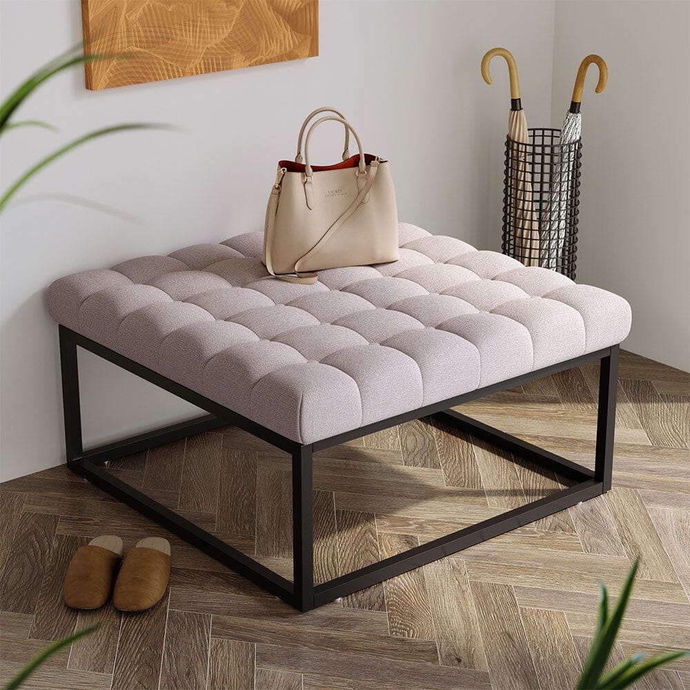 Large Square Ottoman Bench Linen Fabric with Tufted Detail &amp; Metal Frame Living and Home 