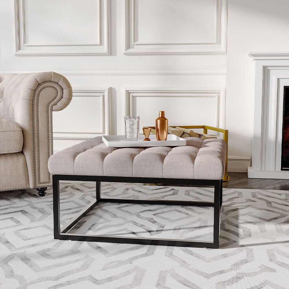 Large Square Ottoman Bench Linen Fabric with Tufted Detail &amp; Metal Frame Living and Home 