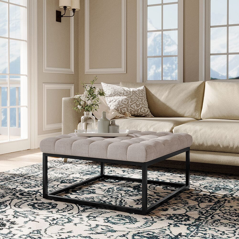 Large Square Ottoman Bench Linen Fabric with Tufted Detail &amp; Metal Frame Living and Home 