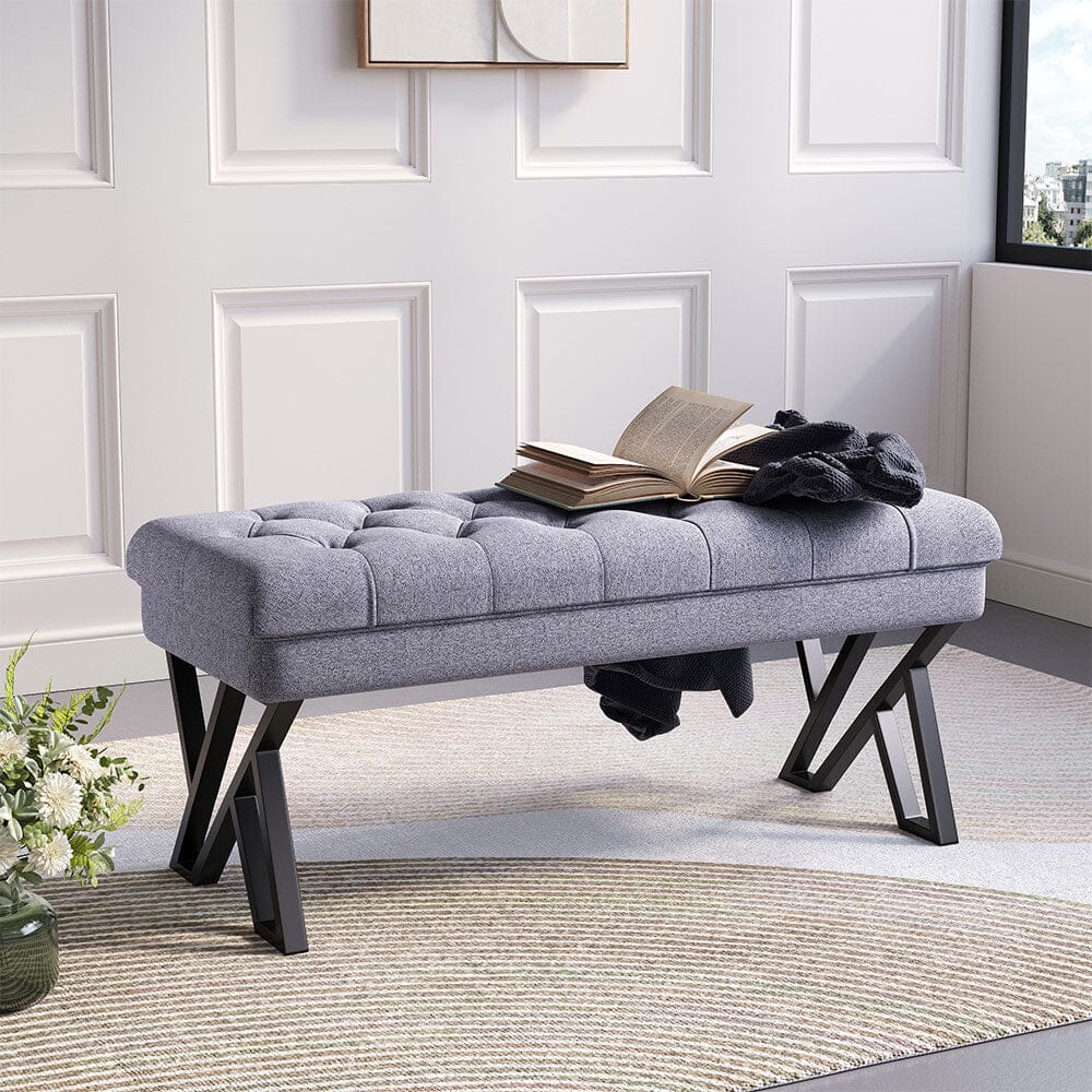 104cm W Mid Century Soft Metal Upholstered Bench Benches Living and Home Grey 