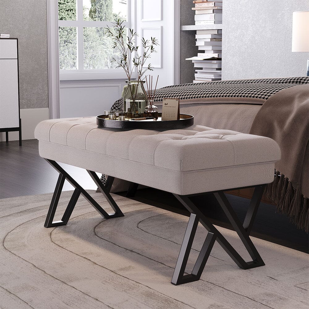 Rectangular Tufted Bench with Metal Frame Linen Fabric Living and Home 