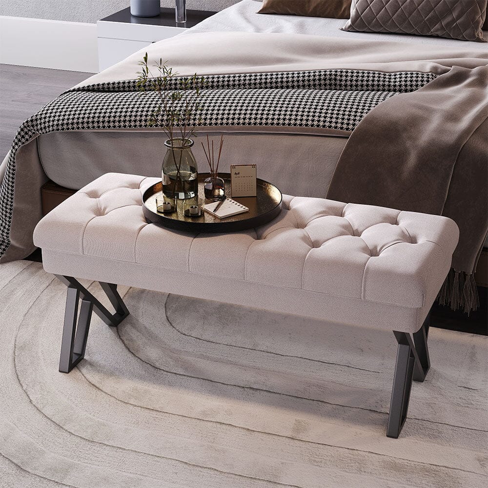Rectangular Tufted Bench with Metal Frame Linen Fabric Living and Home 