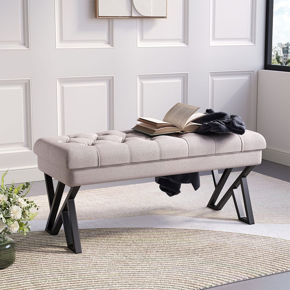 Rectangular Tufted Bench with Metal Frame Linen Fabric Living and Home 
