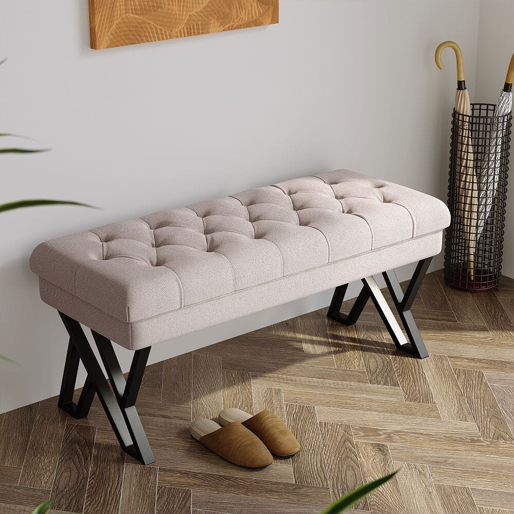 Rectangular Tufted Bench with Metal Frame Linen Fabric Living and Home 