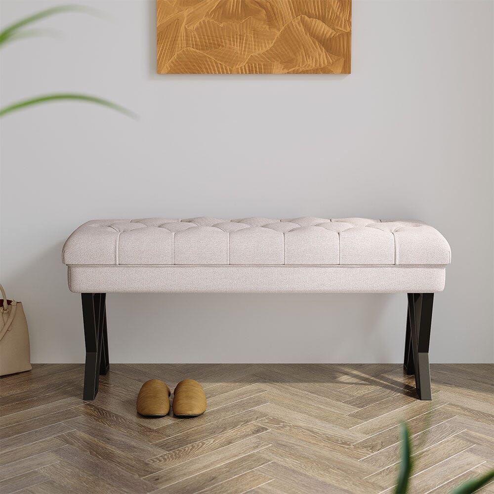 Rectangular Tufted Bench with Metal Frame Linen Fabric Living and Home 