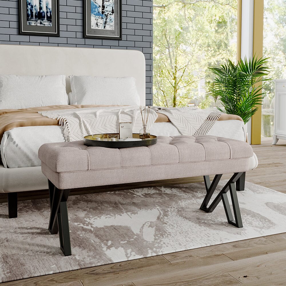Rectangular Tufted Bench with Metal Frame Linen Fabric Living and Home 