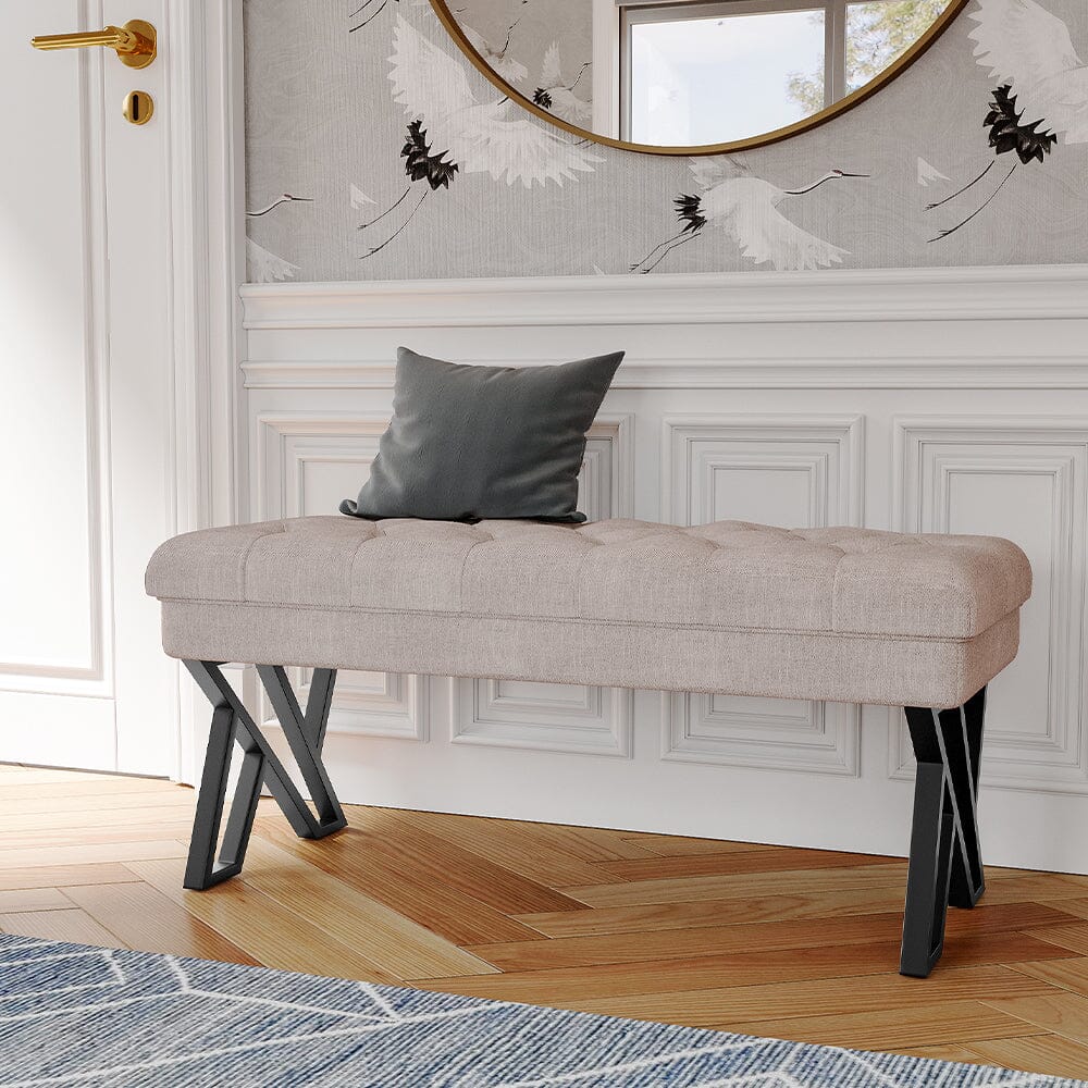 Rectangular Tufted Bench with Metal Frame Linen Fabric Living and Home 