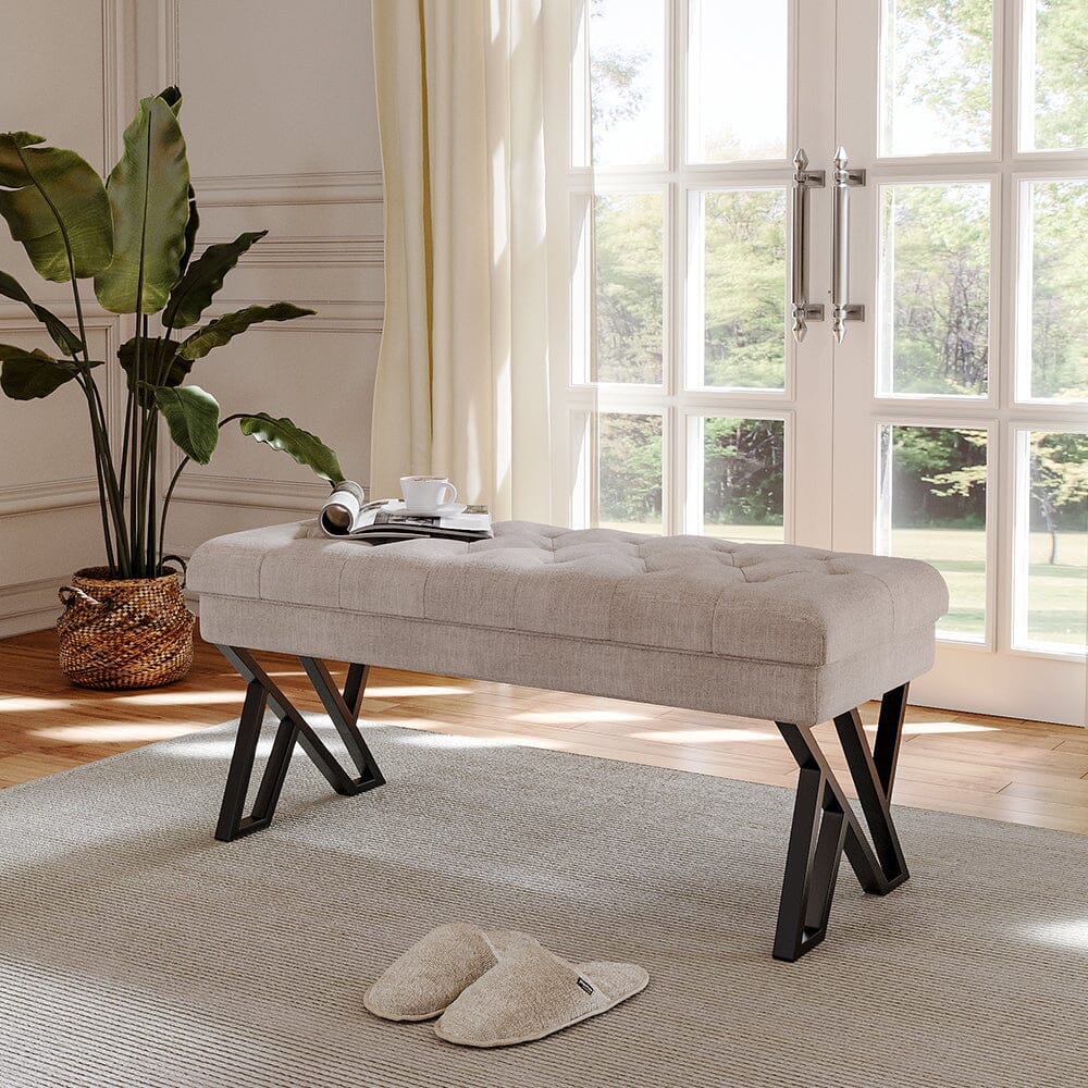 Rectangular Tufted Bench with Metal Frame Linen Fabric Living and Home 