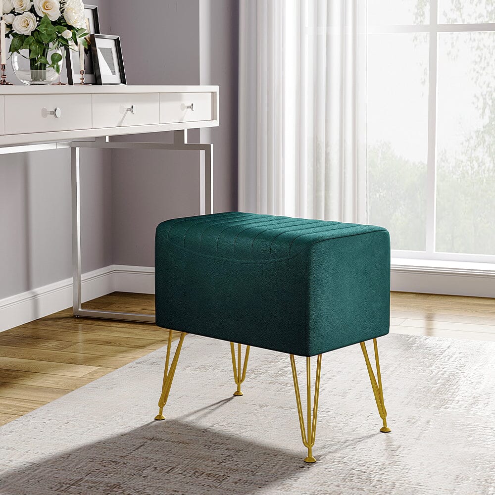 Mid-Century Modern Ribbed Ottoman Stool Green Velvet with Gold Legs Living and Home 