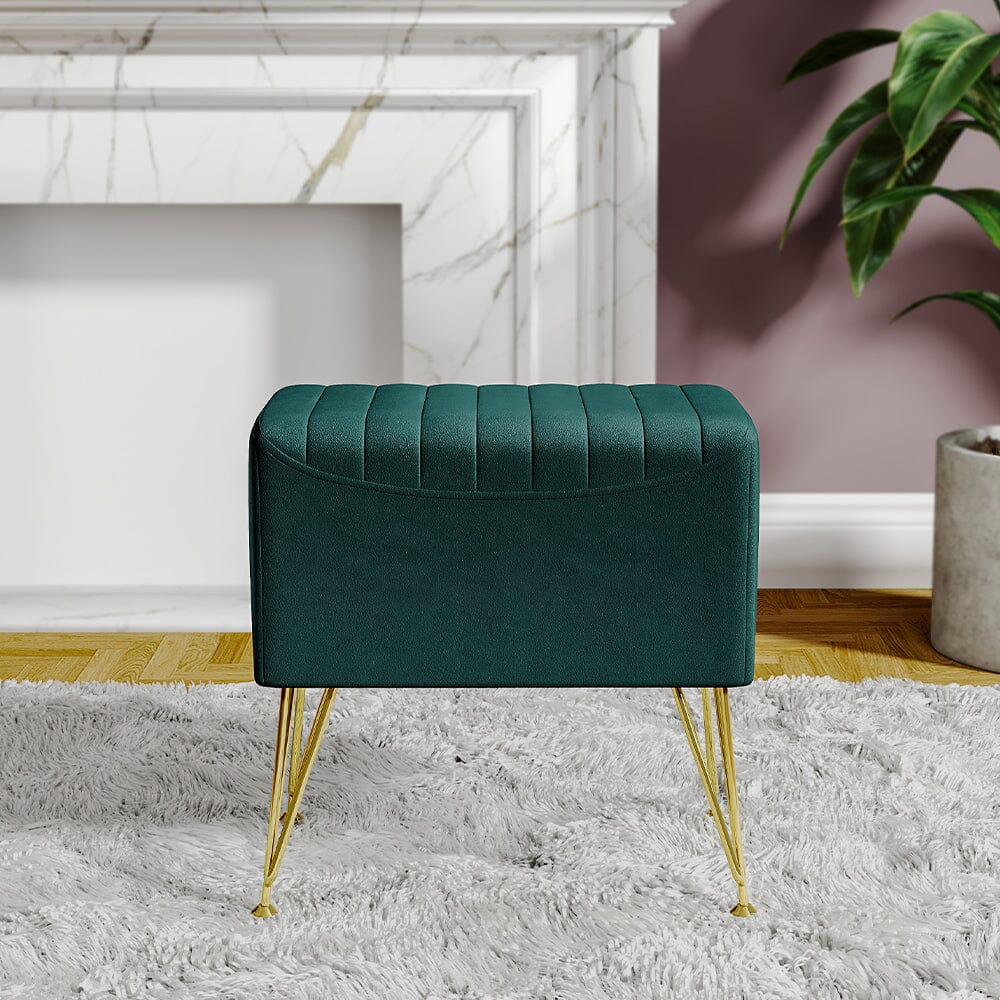 Mid-Century Modern Ribbed Ottoman Stool Green Velvet with Gold Legs Living and Home 