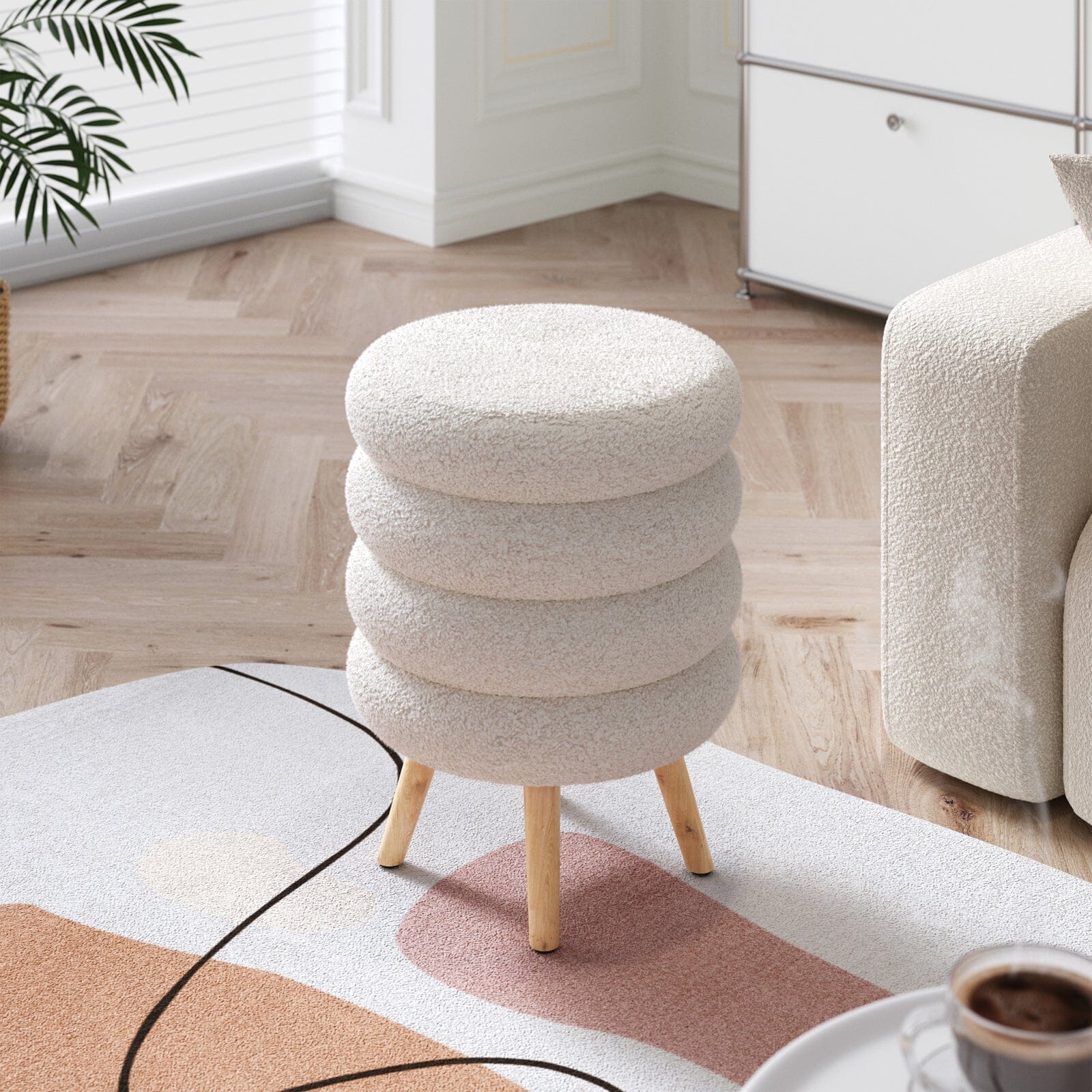 Round Stacked Teddy Fabric Stool with Wooden Legs Living and Home 