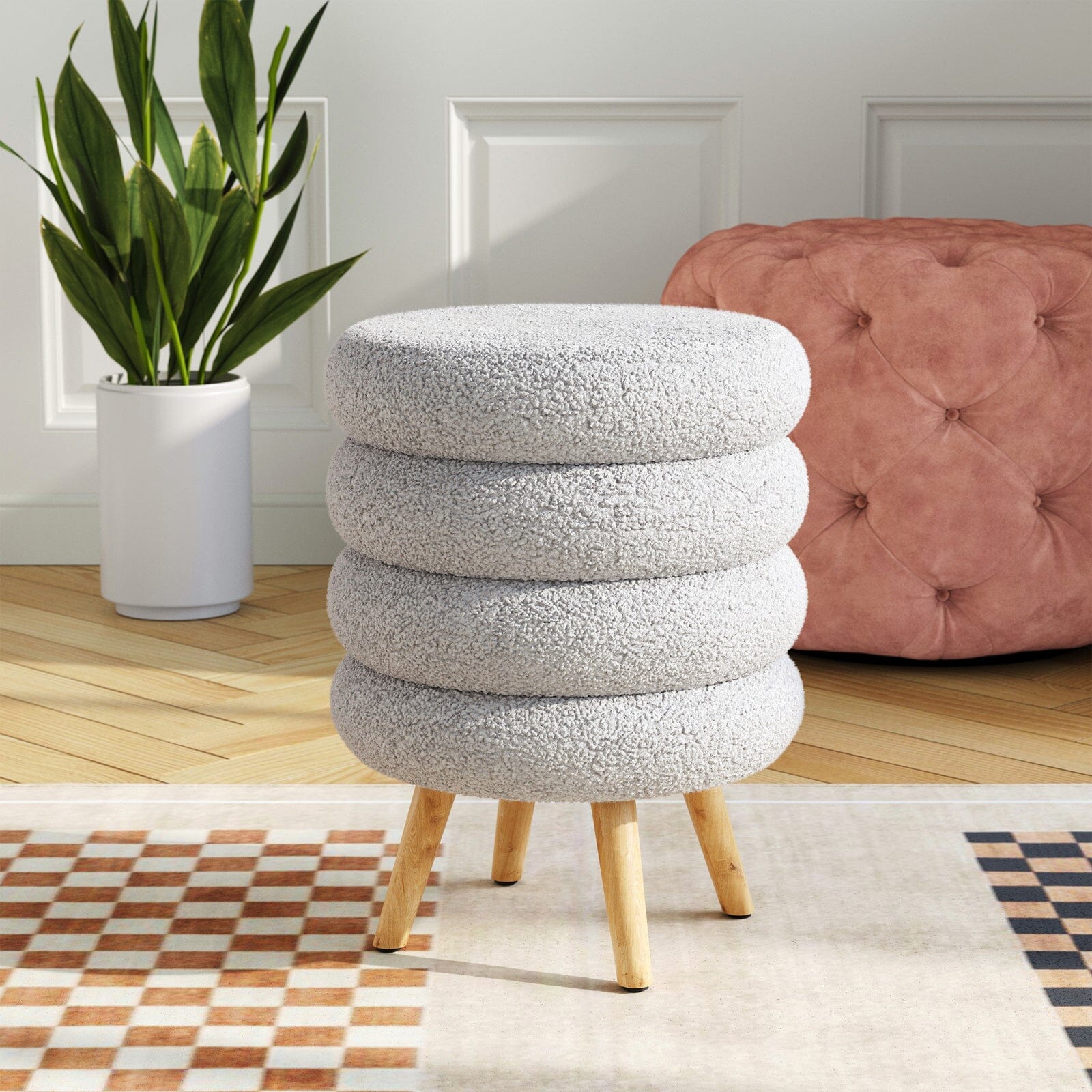 Round Stacked Teddy Fabric Stool with Wooden Legs Living and Home 