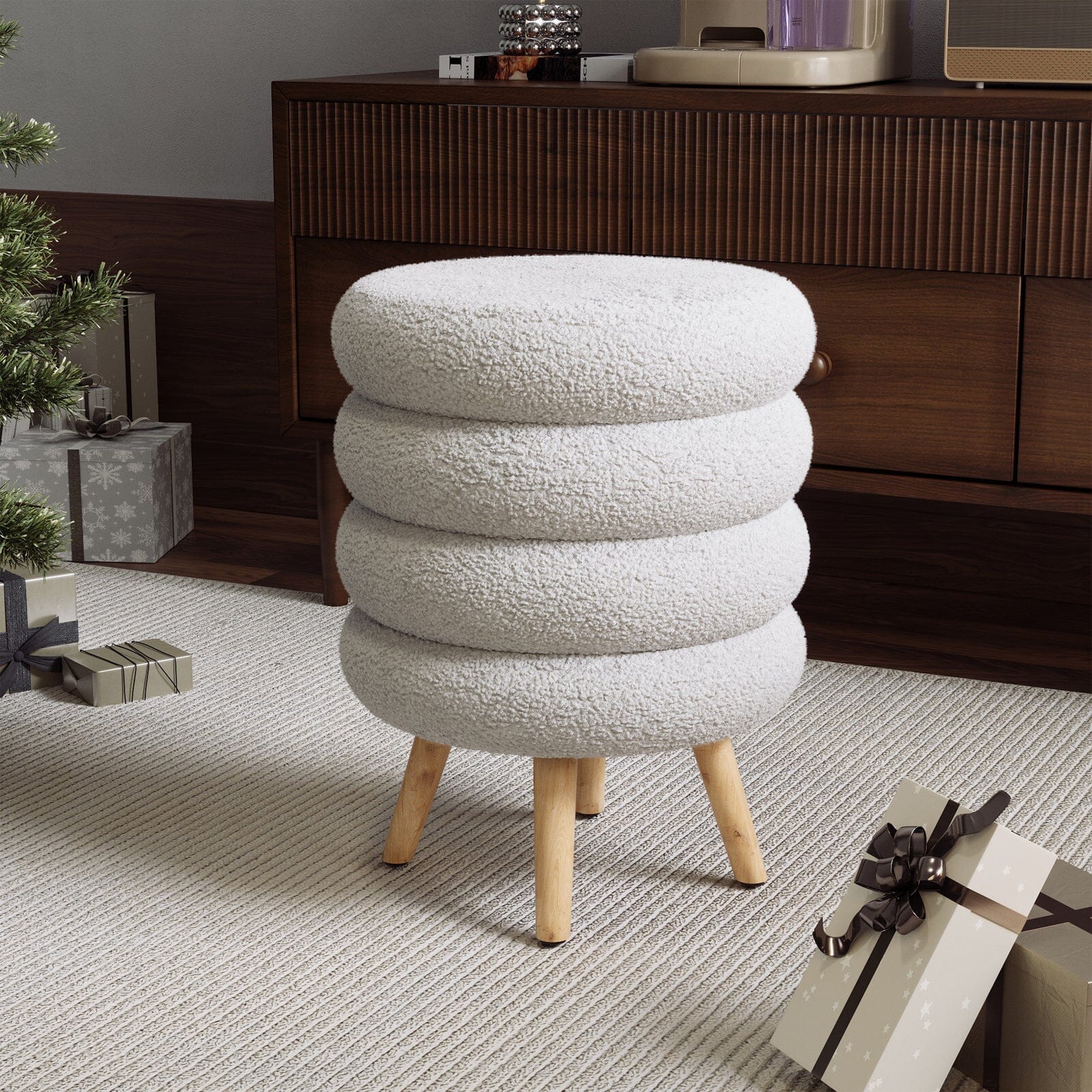 Round Stacked Teddy Fabric Stool with Wooden Legs Living and Home 