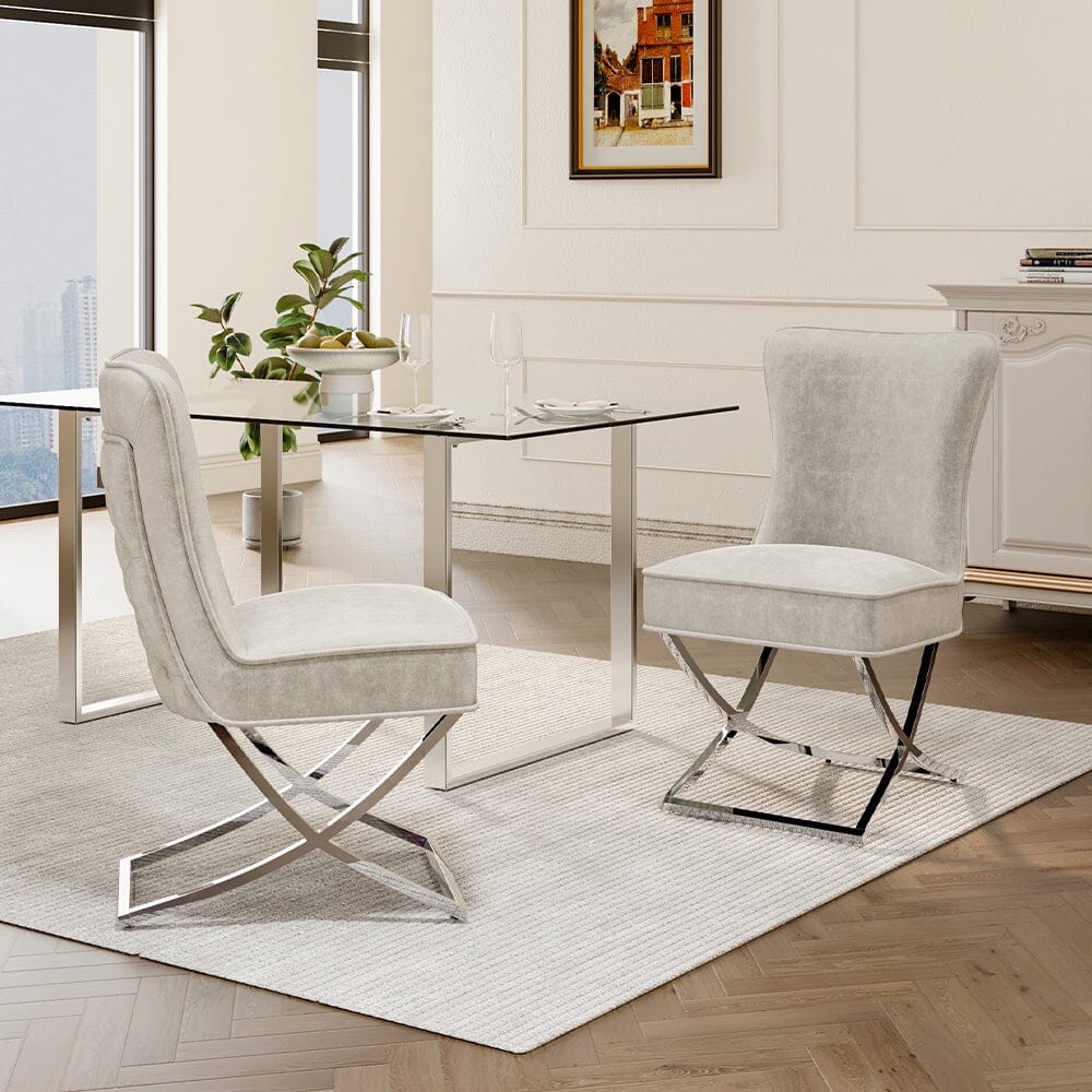 Set of Beige High Back Dining Chairs with velvet Upholstered