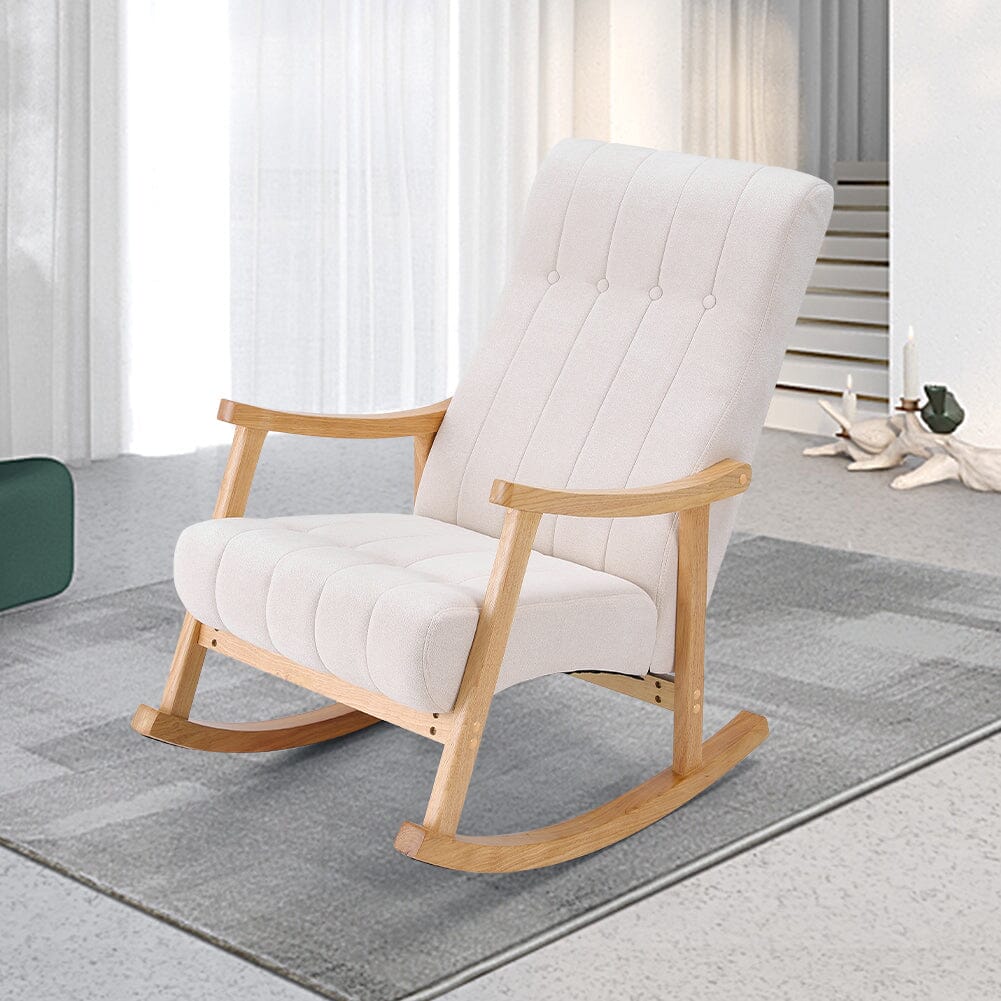 Modern Beige Plush Fabric Rocking Chair with Rubber Wood Legs Living and Home 
