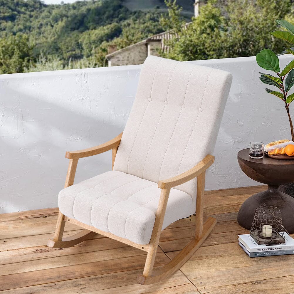Modern Beige Plush Fabric Rocking Chair with Rubber Wood Legs Living and Home 