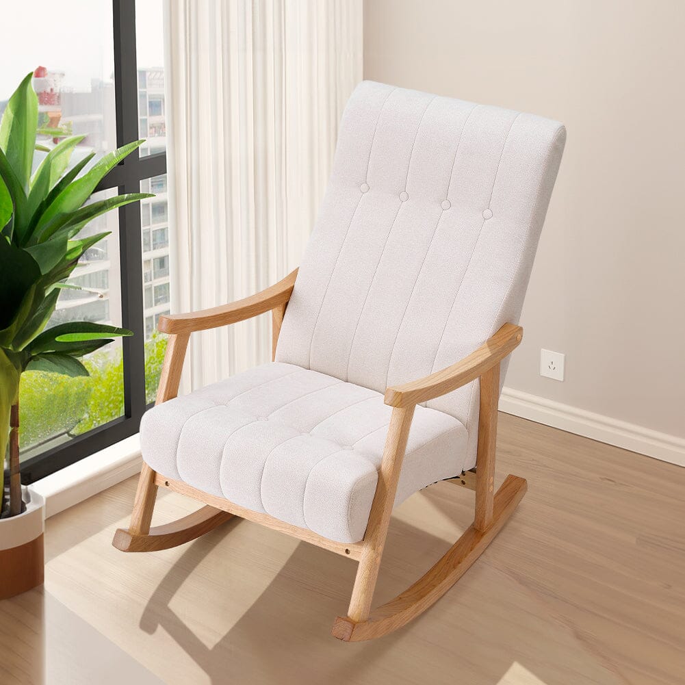 Modern Beige Plush Fabric Rocking Chair with Rubber Wood Legs Living and Home 