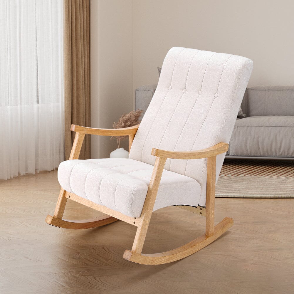 Modern Beige Plush Fabric Rocking Chair with Rubber Wood Legs Living and Home 