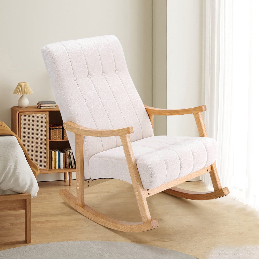Modern Beige Plush Fabric Rocking Chair with Rubber Wood Legs Living and Home 