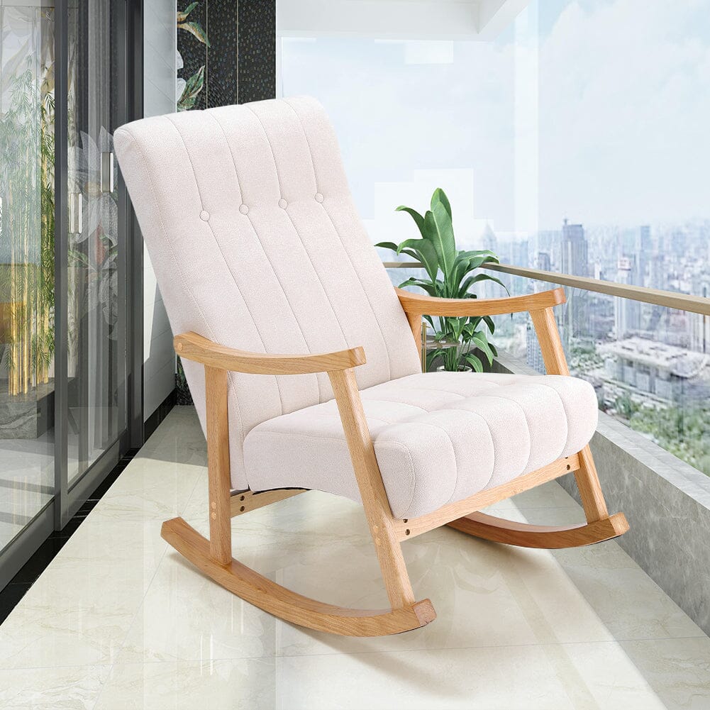 Modern Beige Plush Fabric Rocking Chair with Rubber Wood Legs Living and Home 