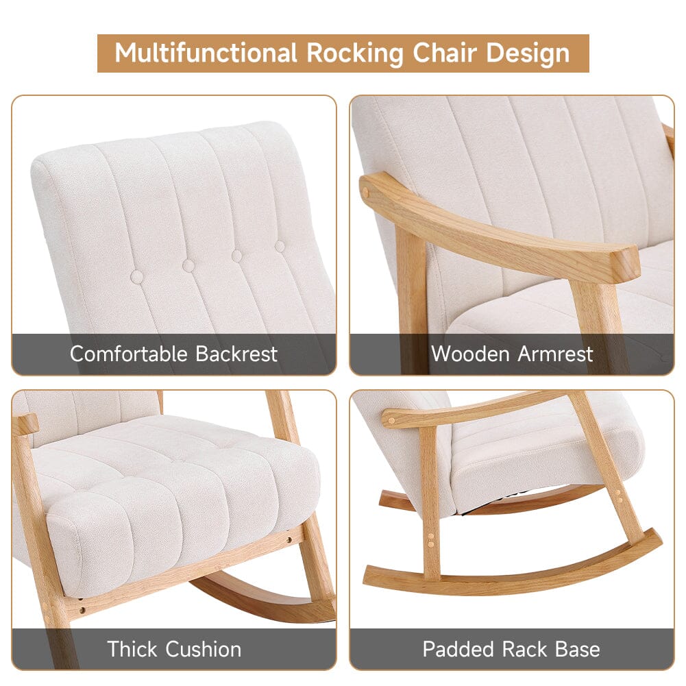 Modern Beige Plush Fabric Rocking Chair with Rubber Wood Legs Living and Home 