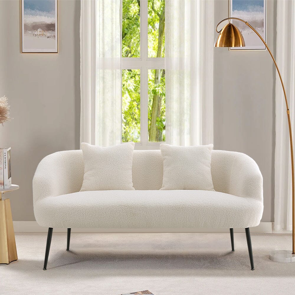 2 Seater Sofa White Teddy Fleece Black Metal Legs With Cushions Living and Home 