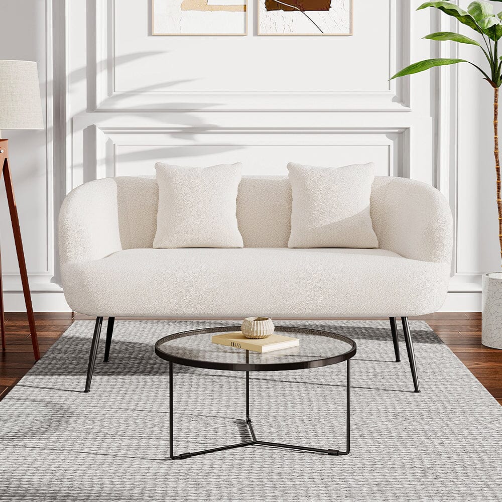 2 Seater Sofa White Teddy Fleece Black Metal Legs With Cushions Living and Home 