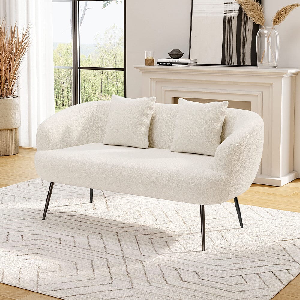 2 Seater Sofa White Teddy Fleece Black Metal Legs With Cushions Living and Home 