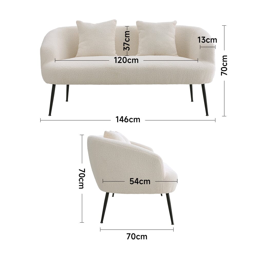 2 Seater Sofa White Teddy Fleece Black Metal Legs With Cushions Living and Home 