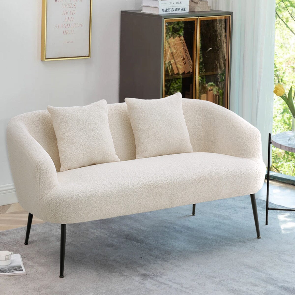 2 Seater Sofa White Teddy Fleece Black Metal Legs With Cushions Living and Home 