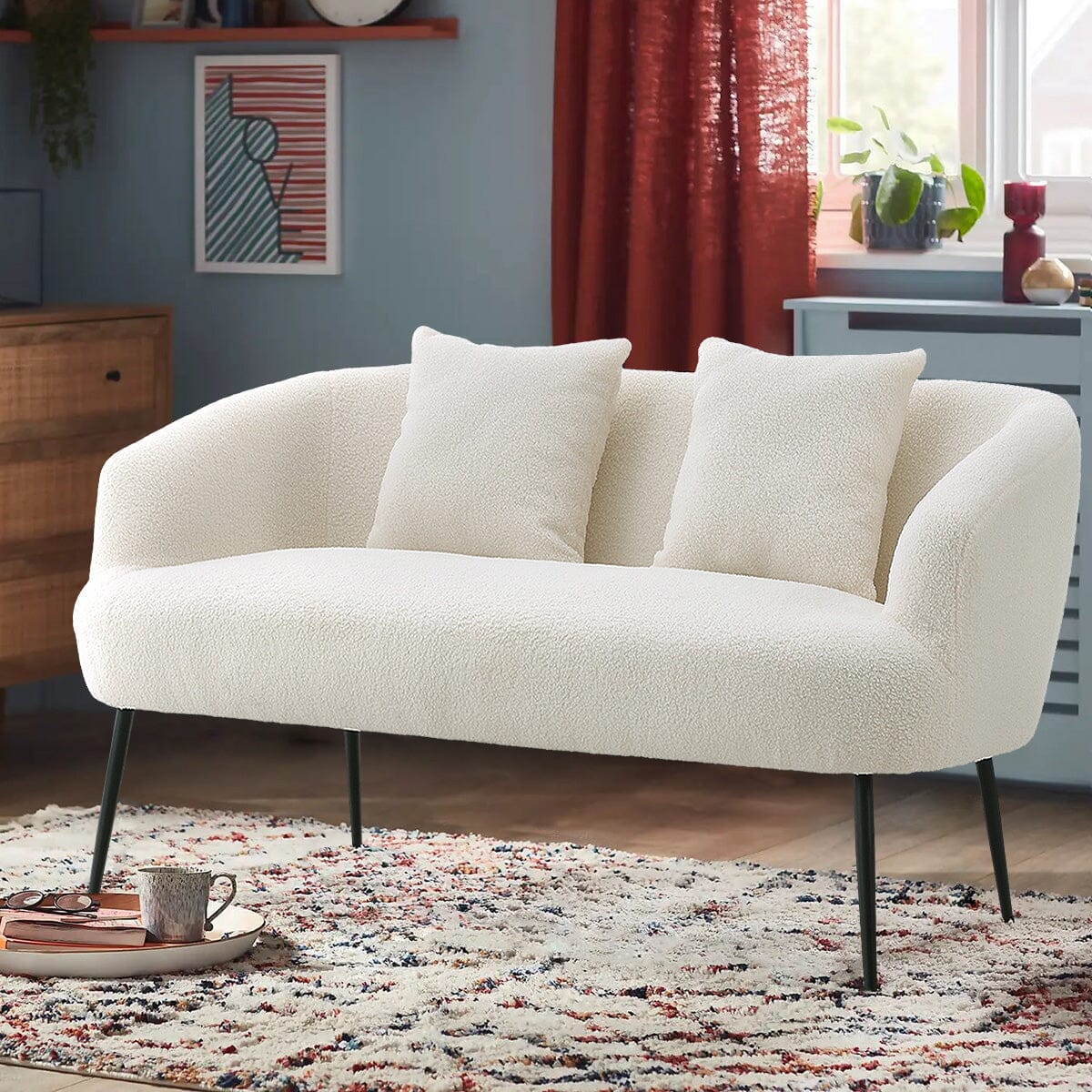 2 Seater Sofa White Teddy Fleece Black Metal Legs With Cushions Living and Home 
