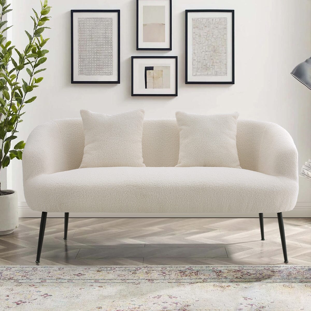 2 Seater Sofa White Teddy Fleece Black Metal Legs With Cushions Living and Home 