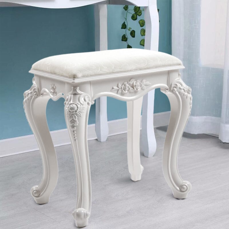 Printed Velvet Vanity Stool with White Resin Curved Legs Living and Home Beige 