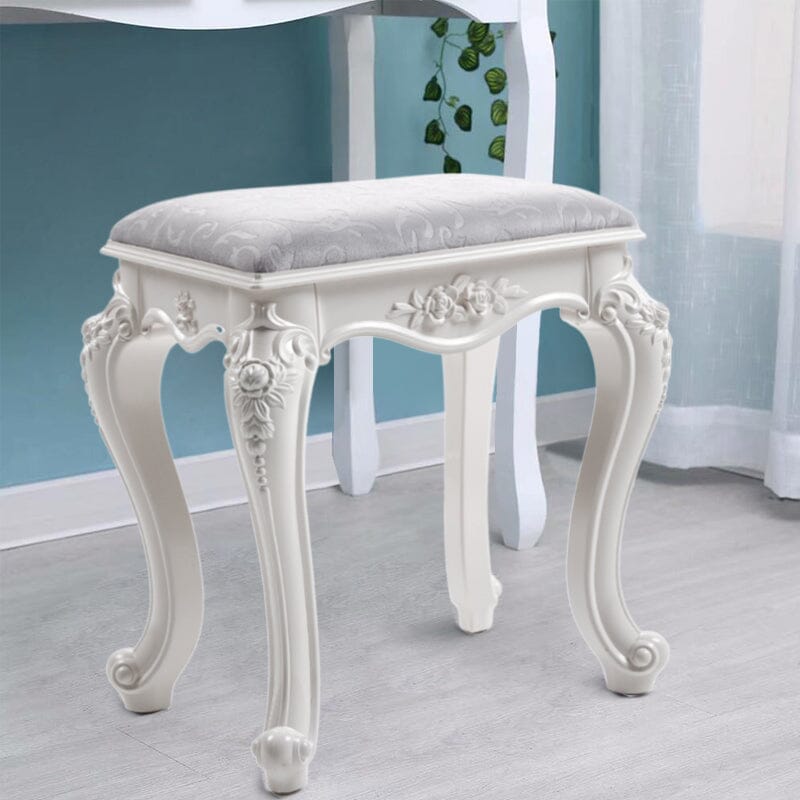 Printed Velvet Vanity Stool with White Resin Curved Legs Living and Home Grey 