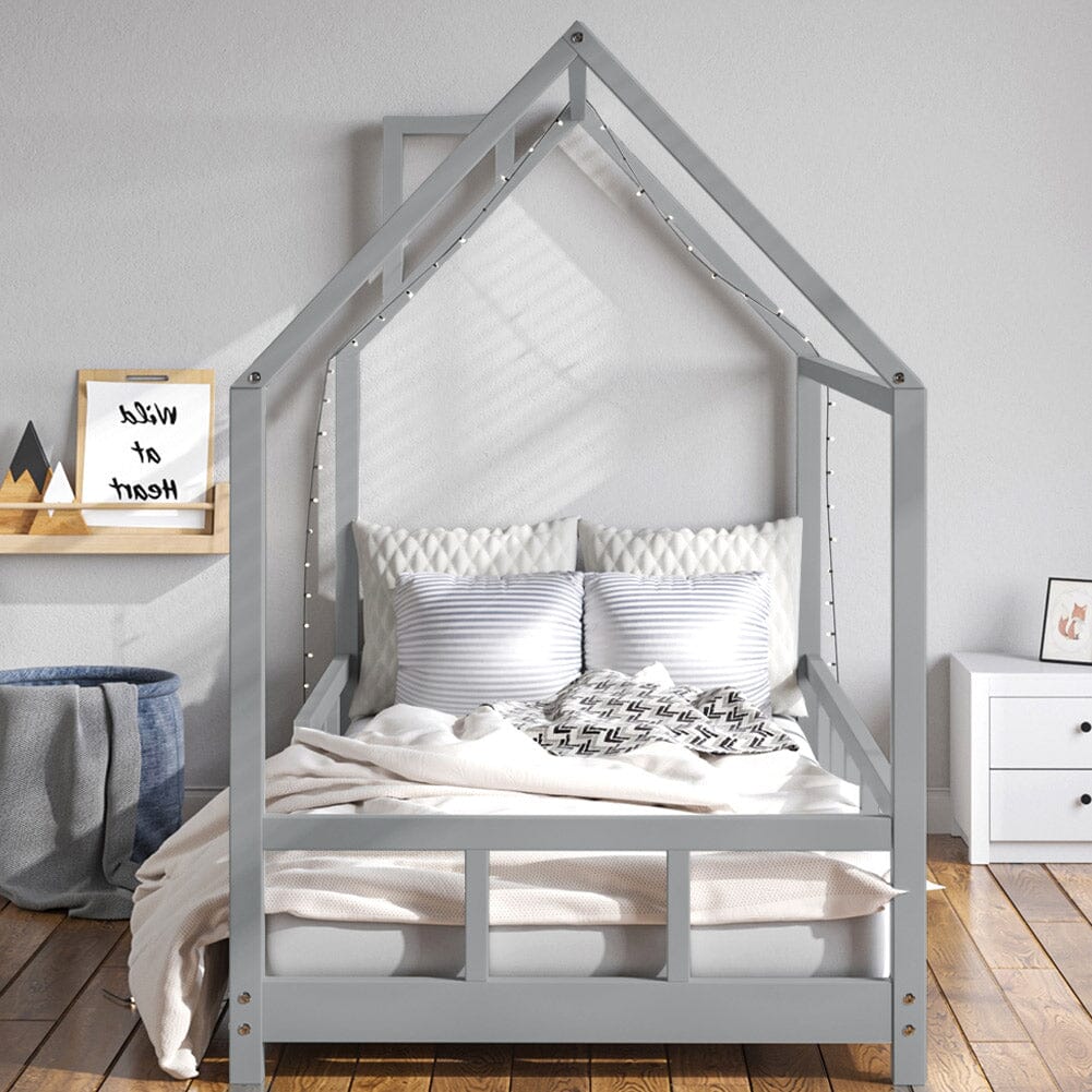 80X160CM Grey Wooden Single House Bed for Kids Bed Frames Living and Home 