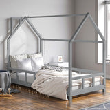 80X160CM Grey Wooden Single House Bed for Kids Bed Frames Living and Home 
