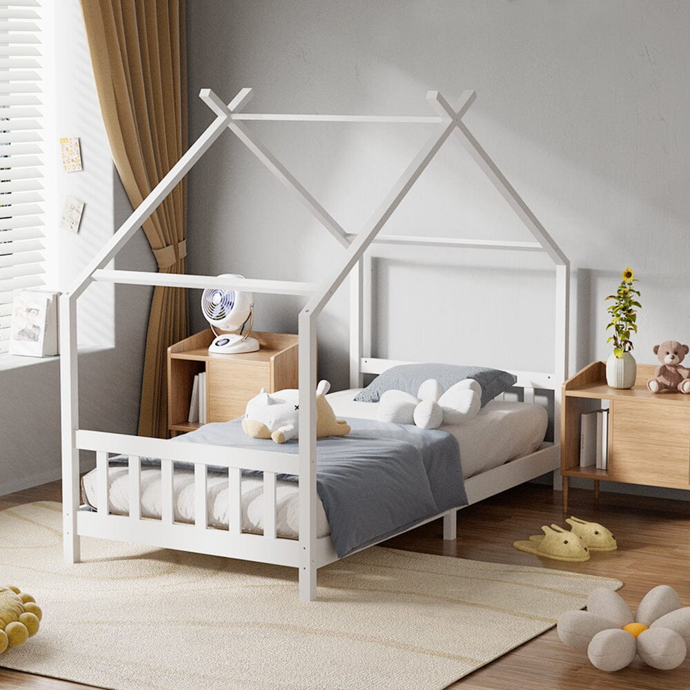 Nordic Style Pine Wood Bed Frame Toddler Kid Single Bed with Roof Bed Frames Living and Home 