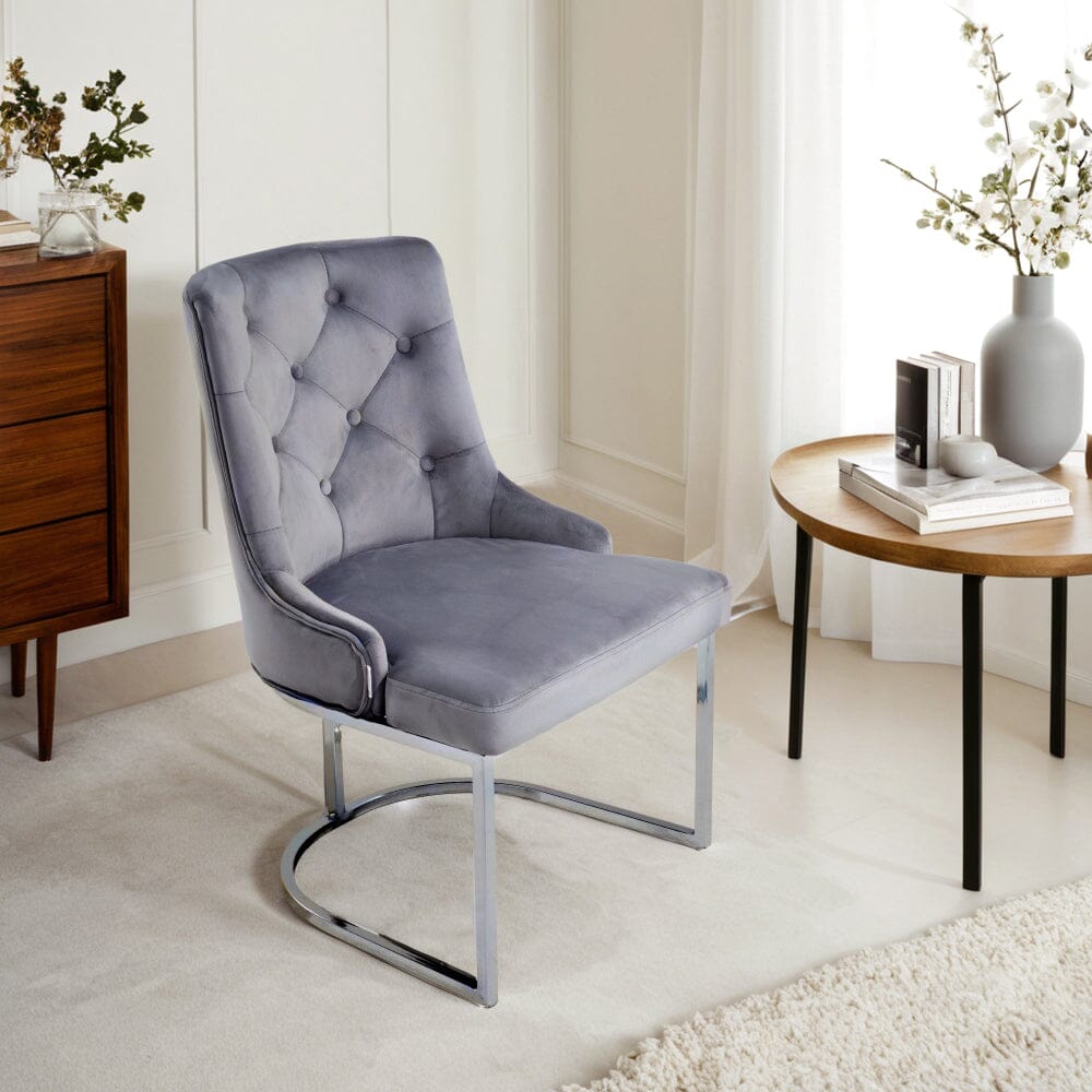 Velvet Upholstered Dining Chair Button Tufted Design Light Grey Living and Home 