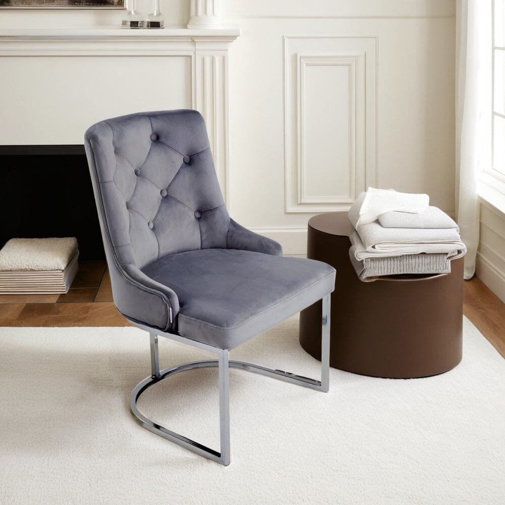Velvet Upholstered Dining Chair Button Tufted Design Light Grey Living and Home 