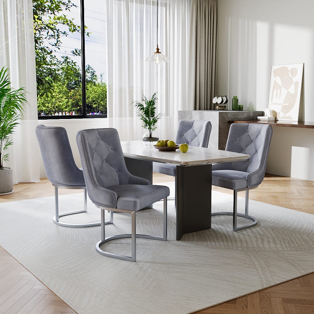Velvet Upholstered Dining Chair Button Tufted Design Light Grey Living and Home 