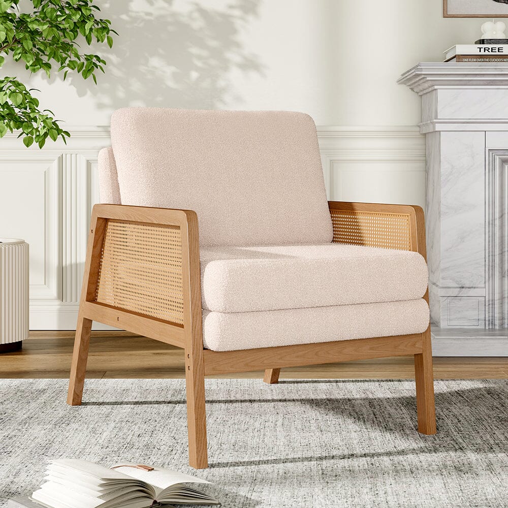 Scandi-Boho Rattan & Wood Accent Chair Collection – Multi-Colour Options Living and Home White Teddy Model 01 