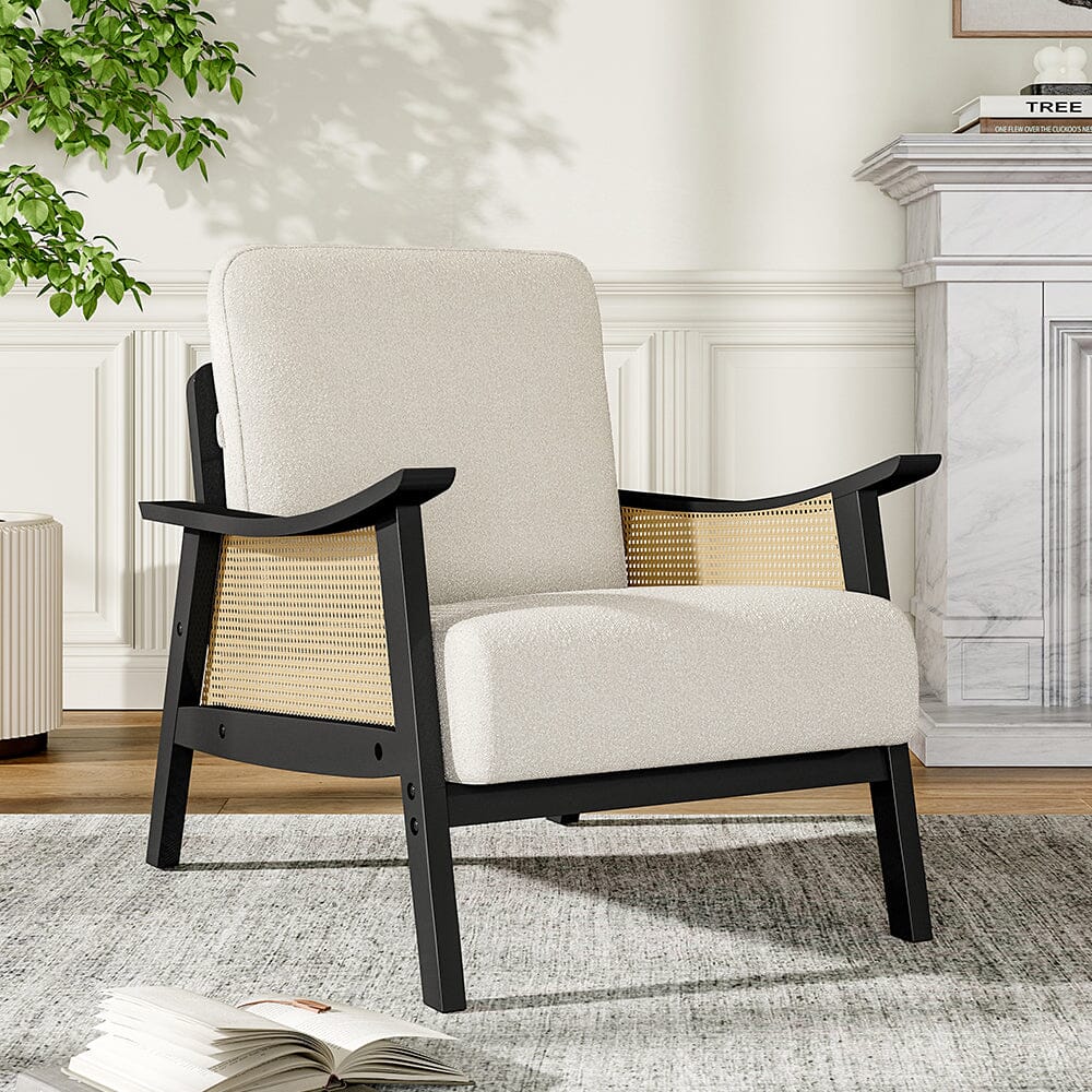 Scandi-Boho Rattan & Wood Accent Chair Collection – Multi-Colour Options Living and Home White Teddy Model 02 