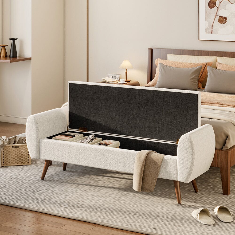 Upholstered Storage Bench with Hidden Compartment – Fabric Ottoman with Wooden Legs Living and Home 