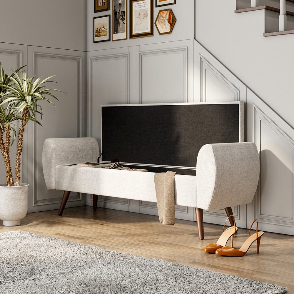 Upholstered Storage Bench with Hidden Compartment – Fabric Ottoman with Wooden Legs Living and Home 