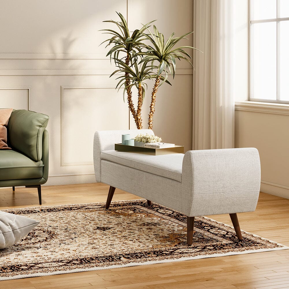 Upholstered Storage Bench with Hidden Compartment – Fabric Ottoman with Wooden Legs Living and Home 