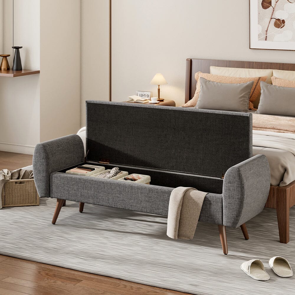 Upholstered Storage Bench with Hidden Compartment – Fabric Ottoman with Wooden Legs Living and Home 